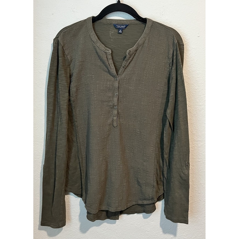 Lucky Brand Women's Henley Top Size Medium Olive Green Long Sleeve Snap Sleeve